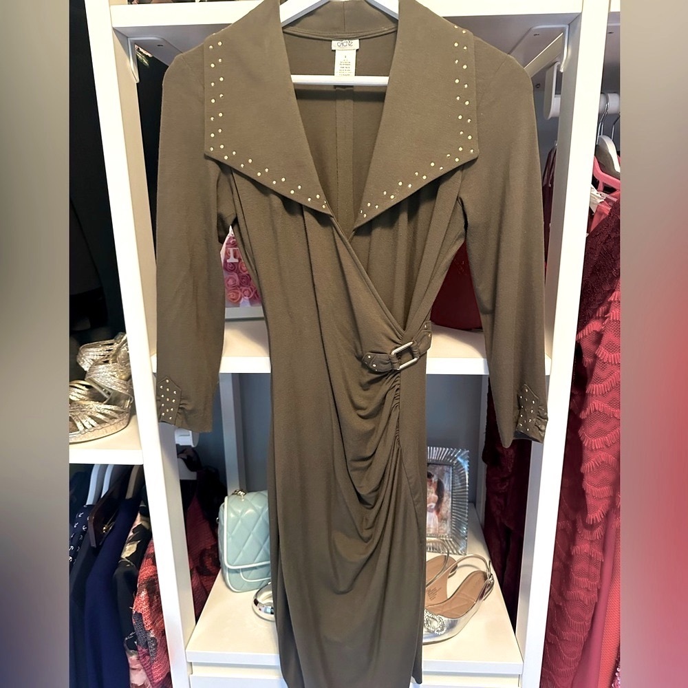 Cachè Olive Green Faux Wrap Dress with Side Belt and Studded Collar